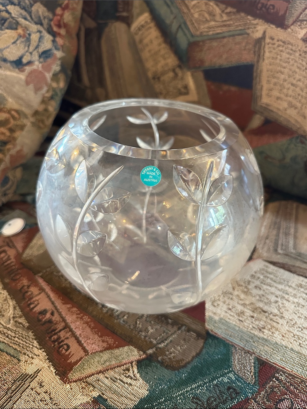 Crystal Leaf Etched Glass Bowl tiffany & co